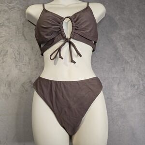 Zaful Bikini Set Size Large Brown Cut Out Tie High Waisted Cheeky Swimsuit